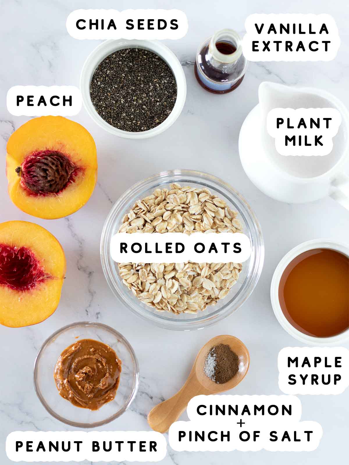 Plant-based ingredients for making vegan peach cinnamon oatmeal in refrigerator.