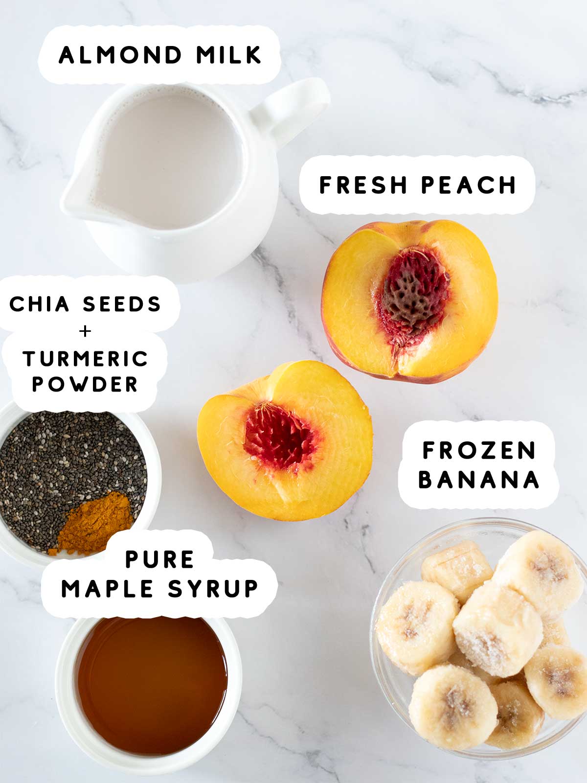 Plant-based ingredients for healthy vegan peach and banana smoothie.