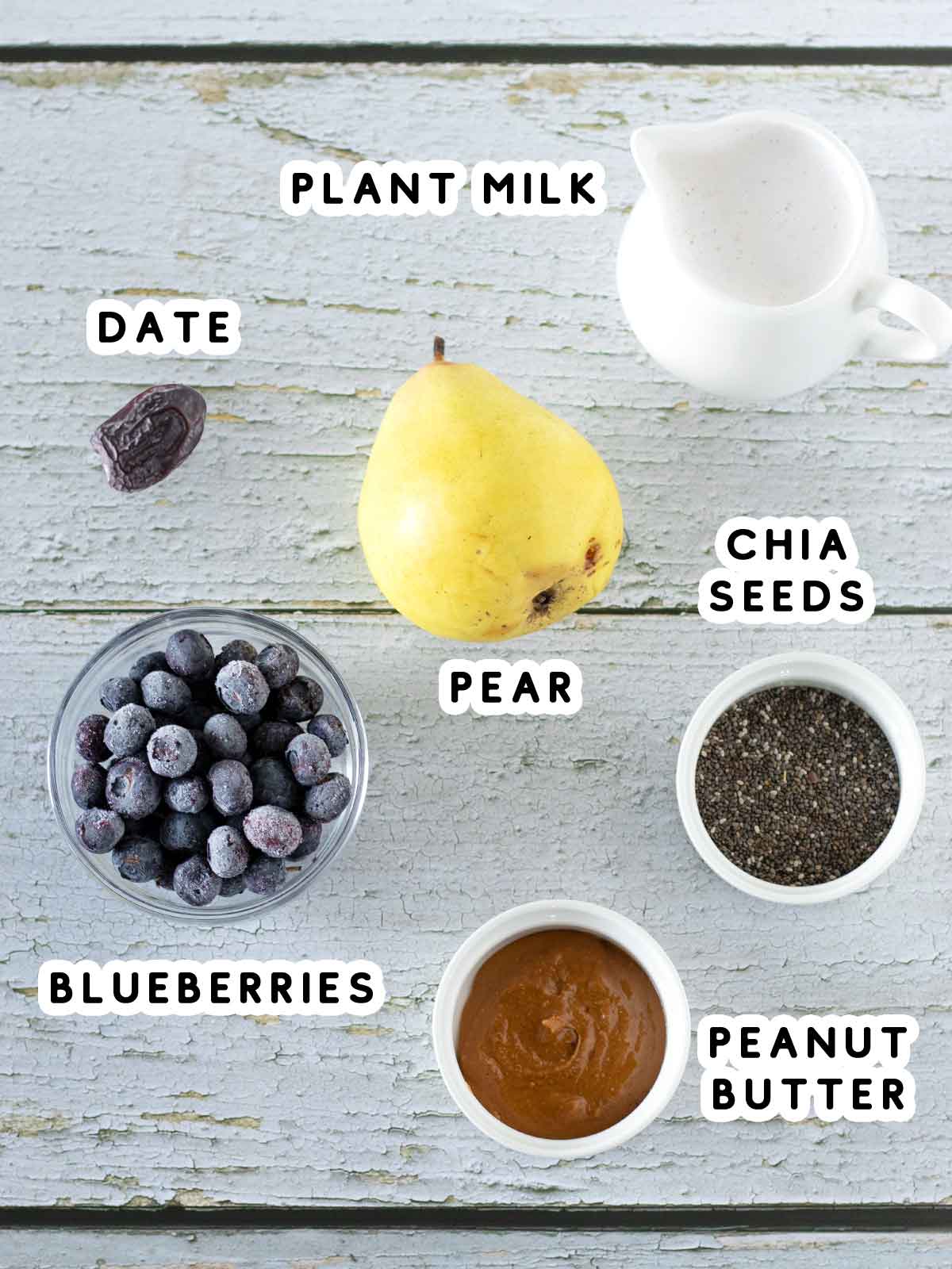 Plant-based ingredients for healthy pear smoothie without yogurt or banana.