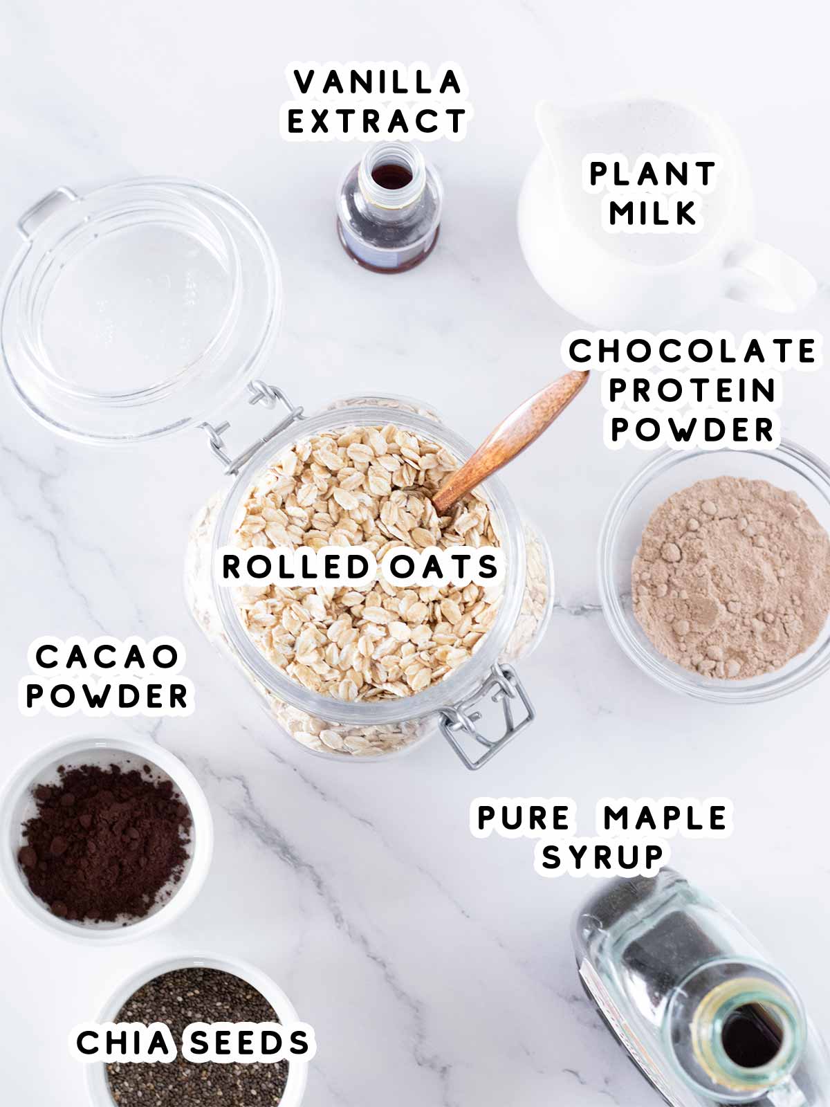 Plant-based ingredients for preparing dairy-free cold oatmeal with protein powder.
