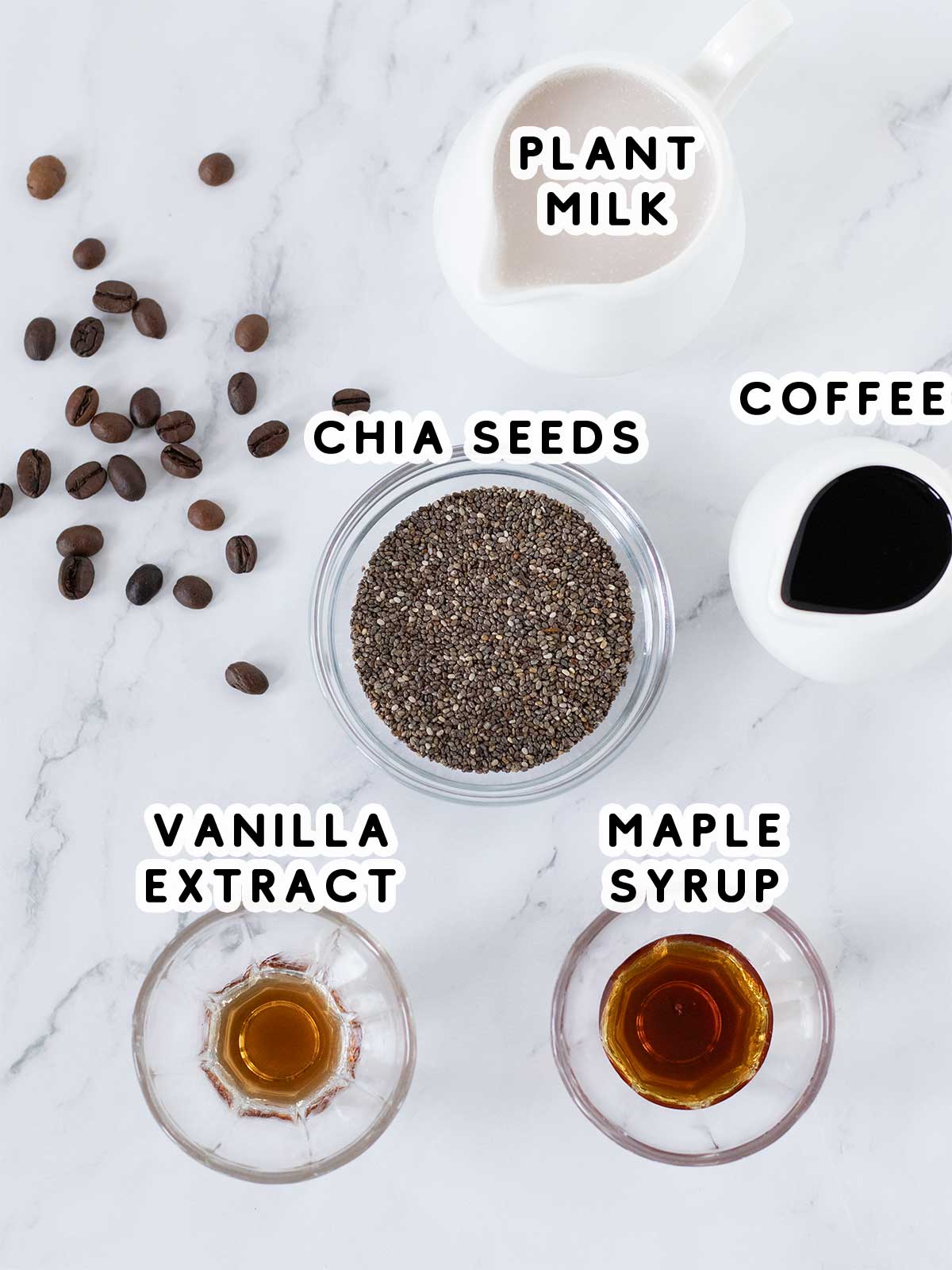 Healthy ingredients for chia seed pudding recipe made with instant coffee or espresso for breakfast.