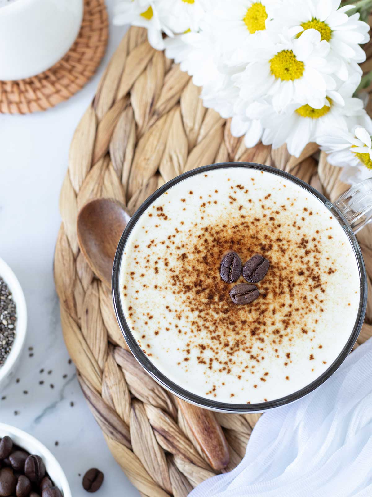 Overnight coffee chia seed pudding with dairy-free creamer.