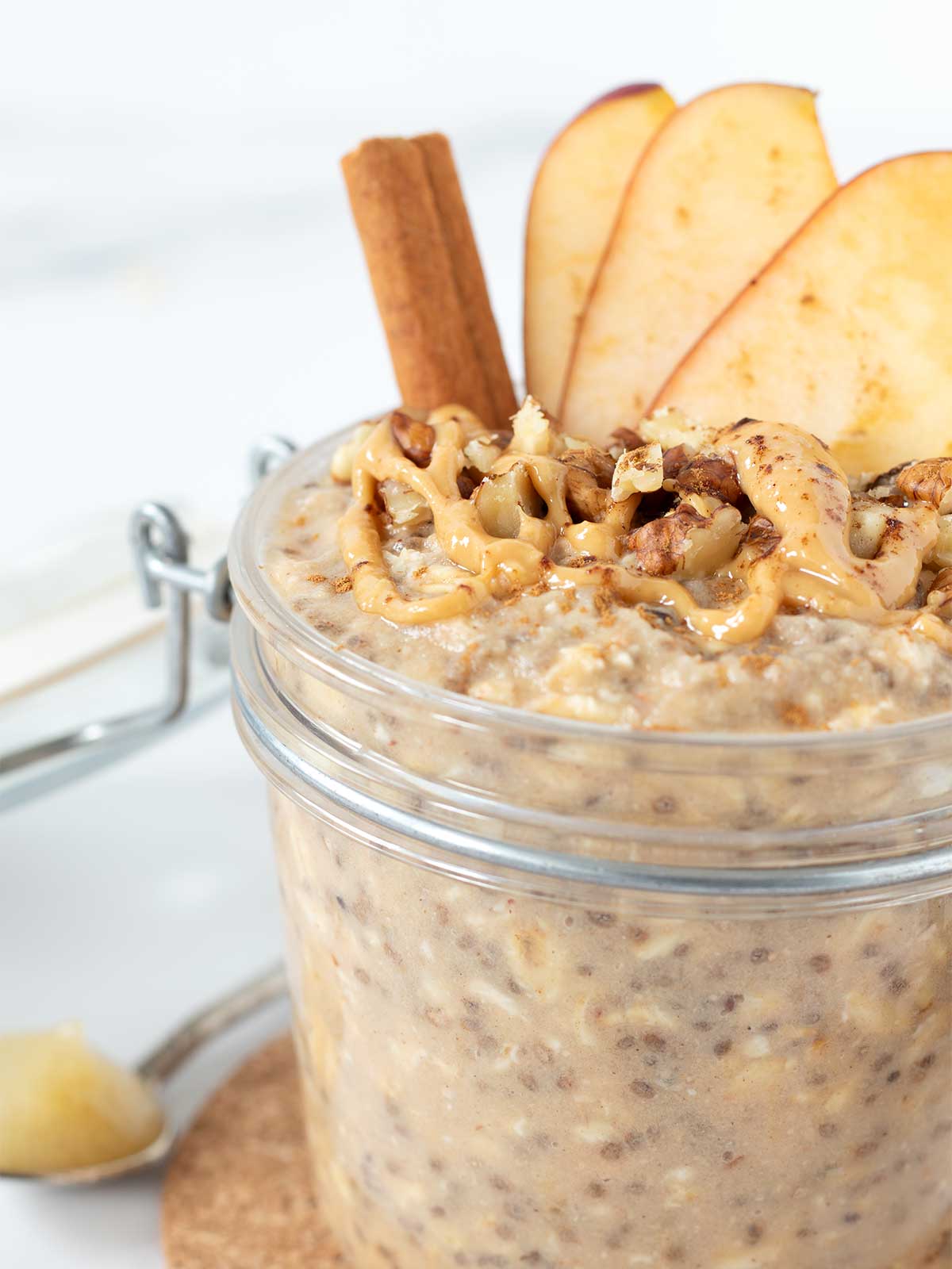 Applesauce overnight oats with cinnamon and peanut butter for breakfast.