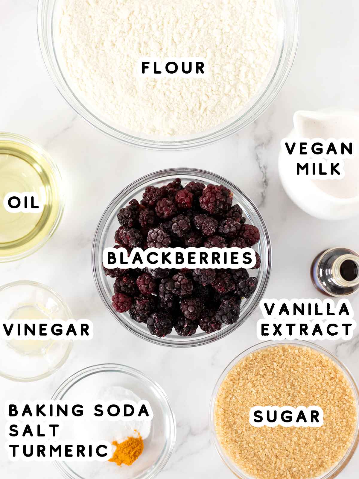 Simple ingredients for easy vegan berry muffin recipe.