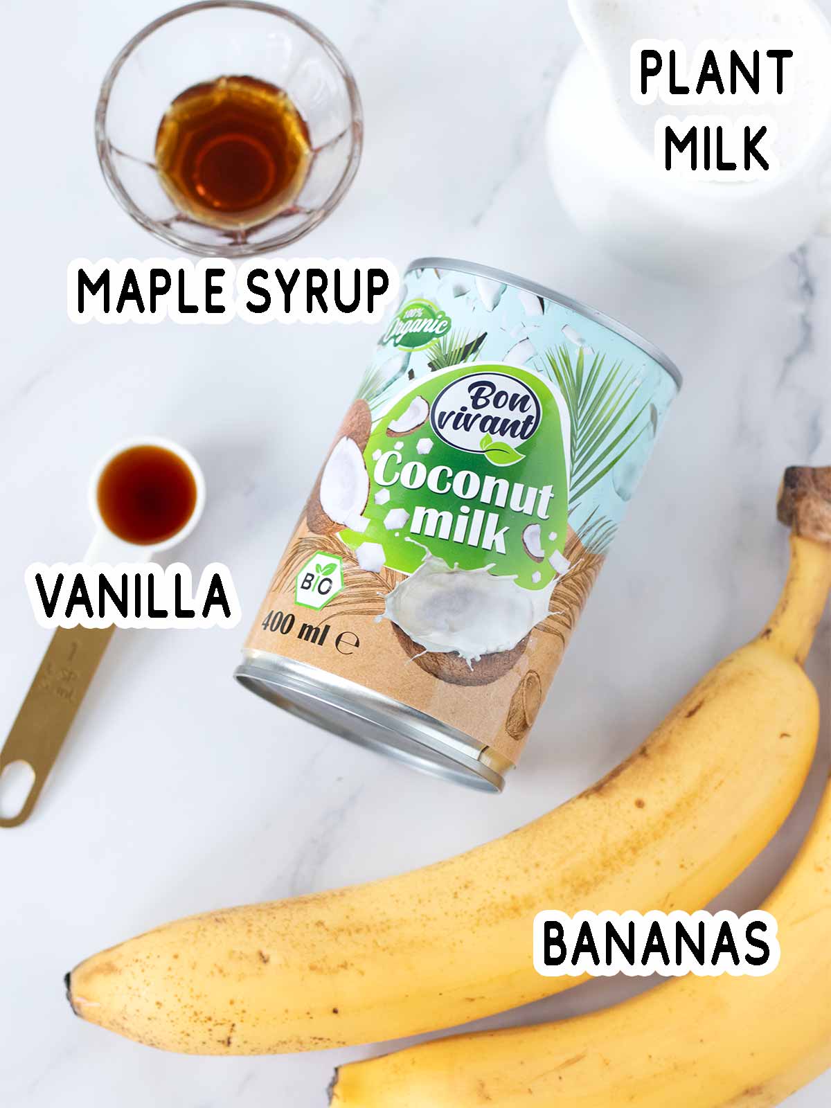Simple ingredients for healthy dairy-free coconut milkshake.