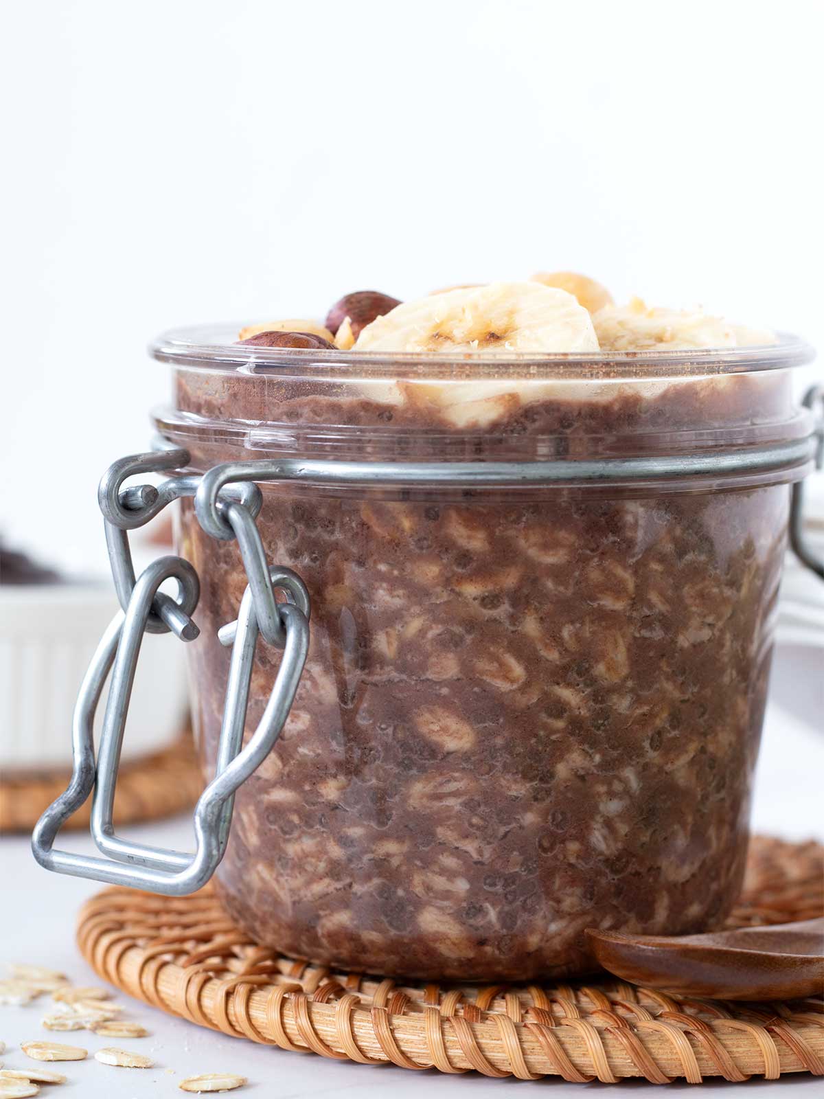 Chilled Nutella oatmeal in a jar.