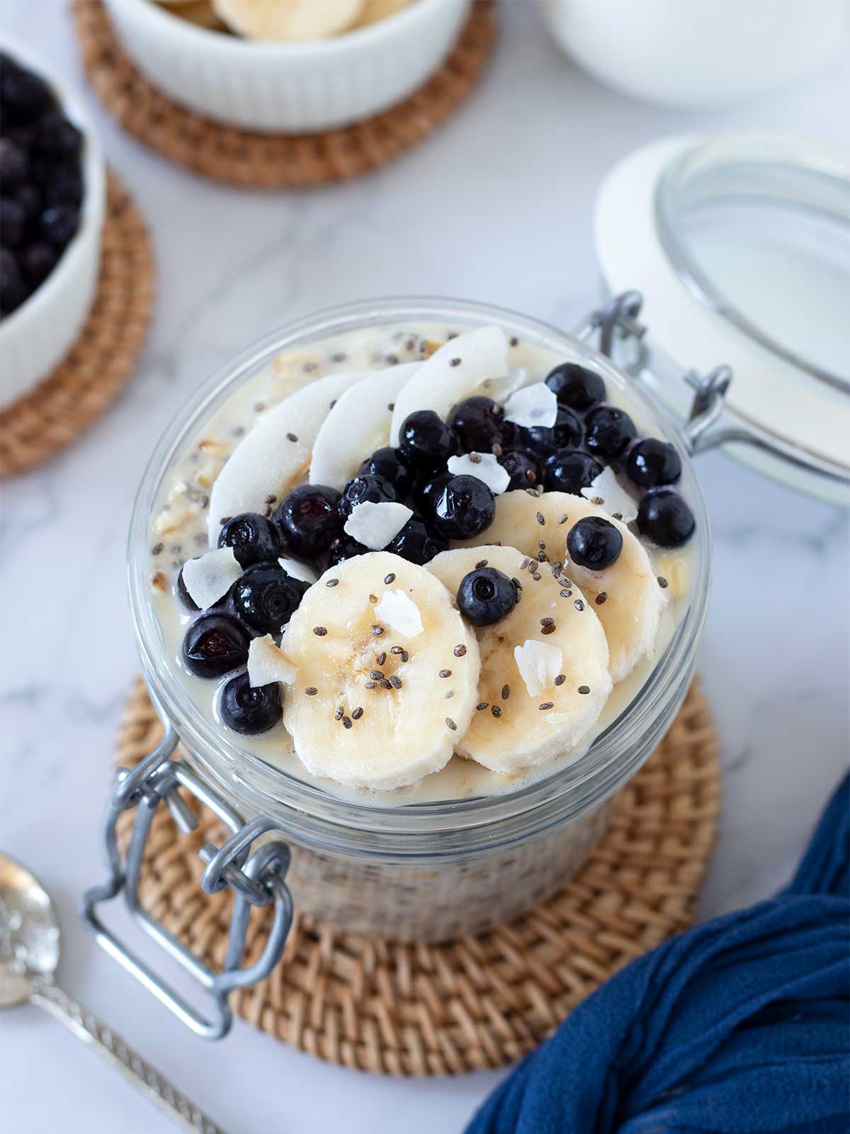 Overnight oats with water in jar.