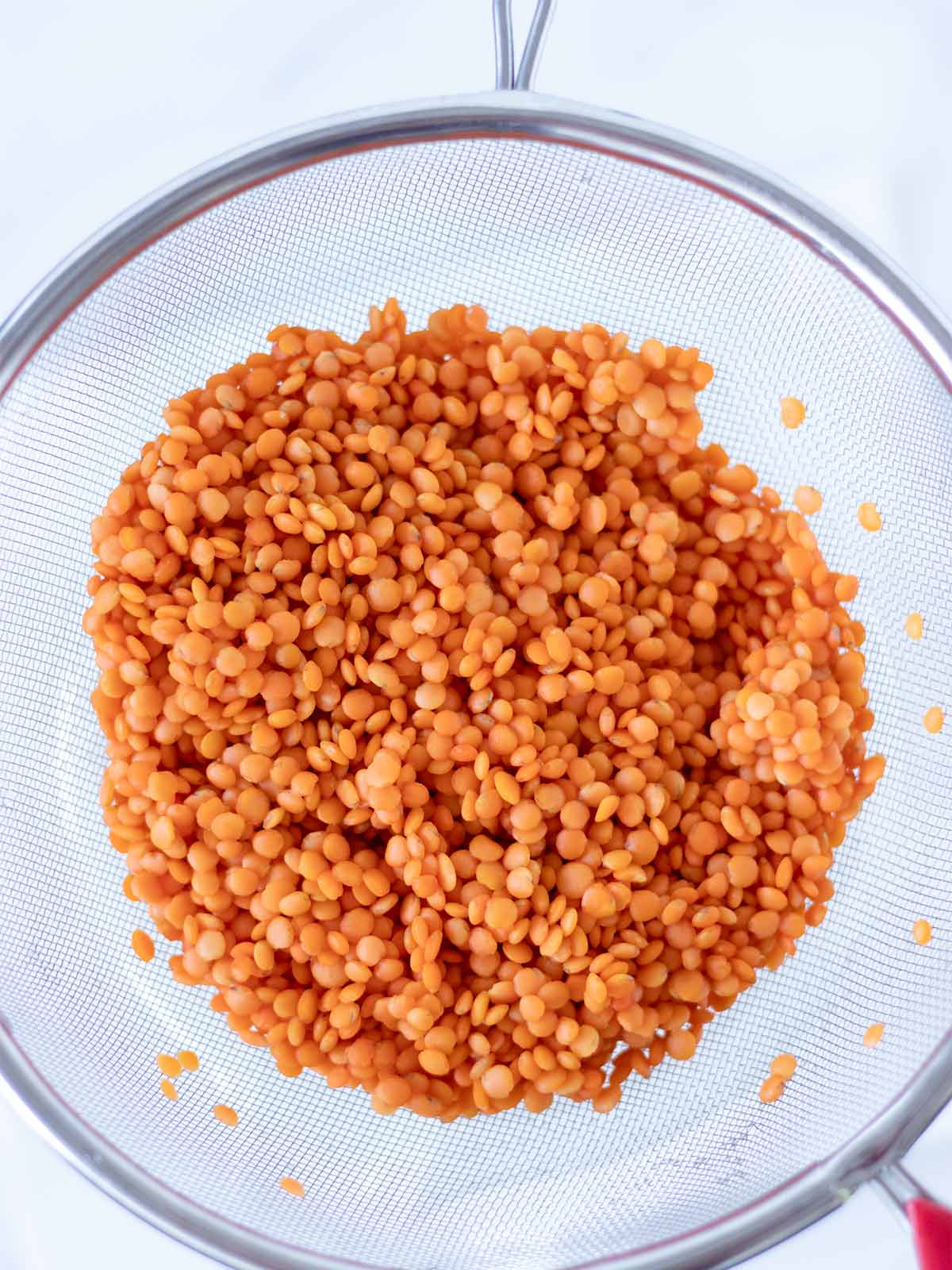 Rinsed red lentils in fine mesh strainer.