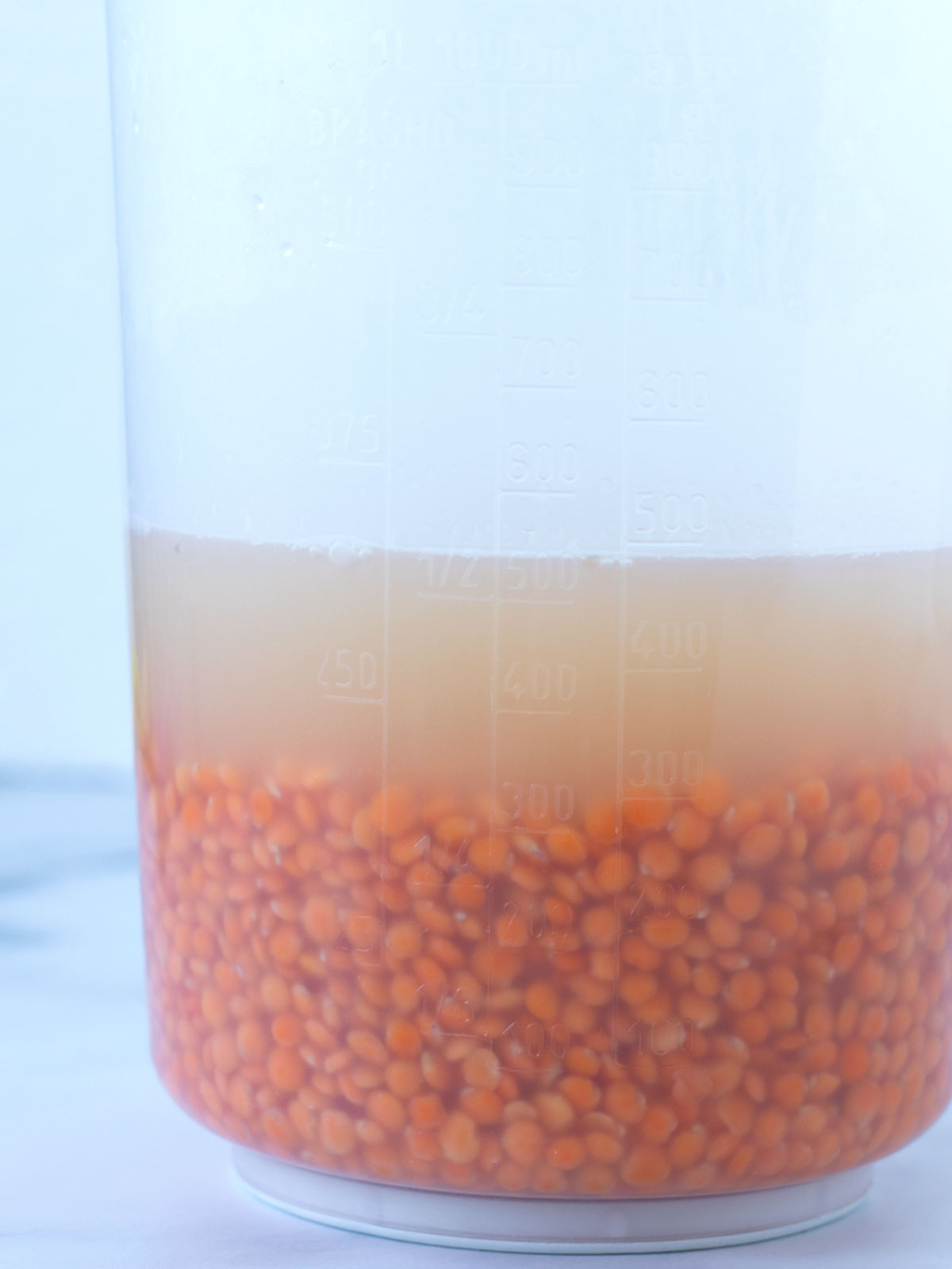 Dry red lentils soaked in boiling water.