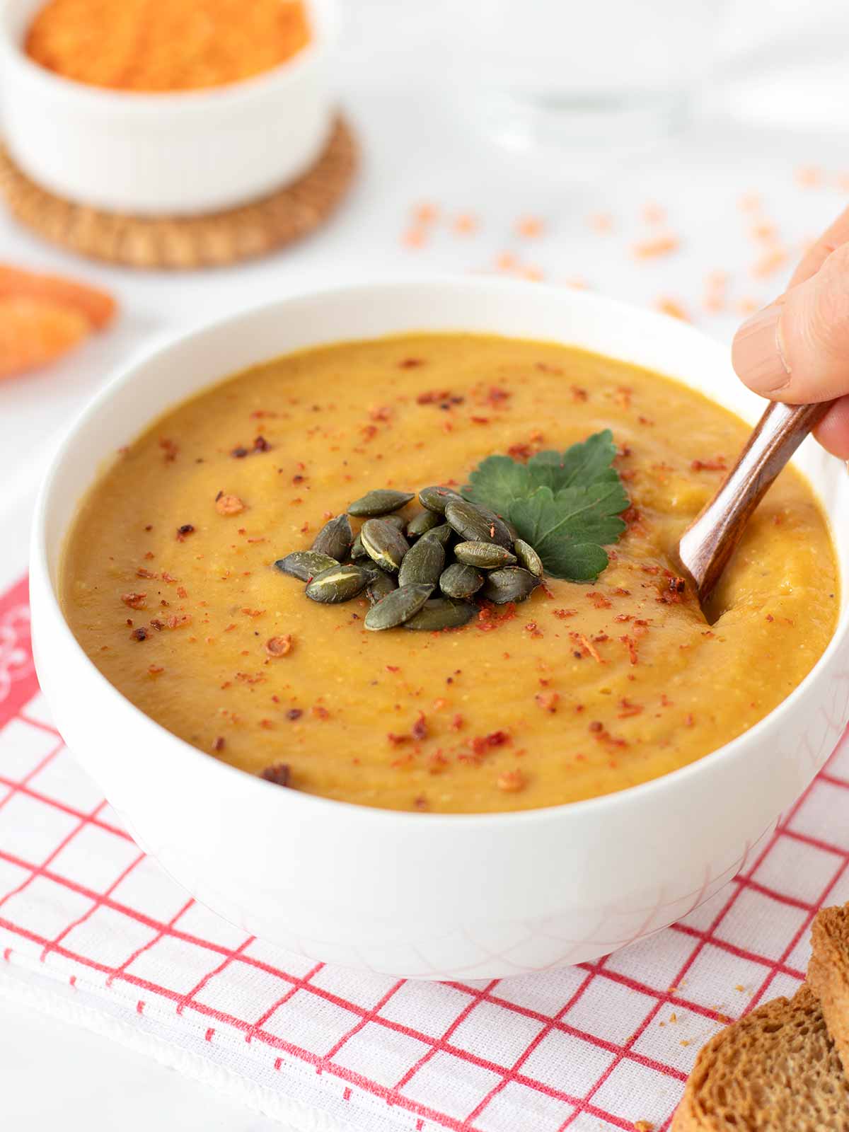 Spiced carrot red lentil soup.