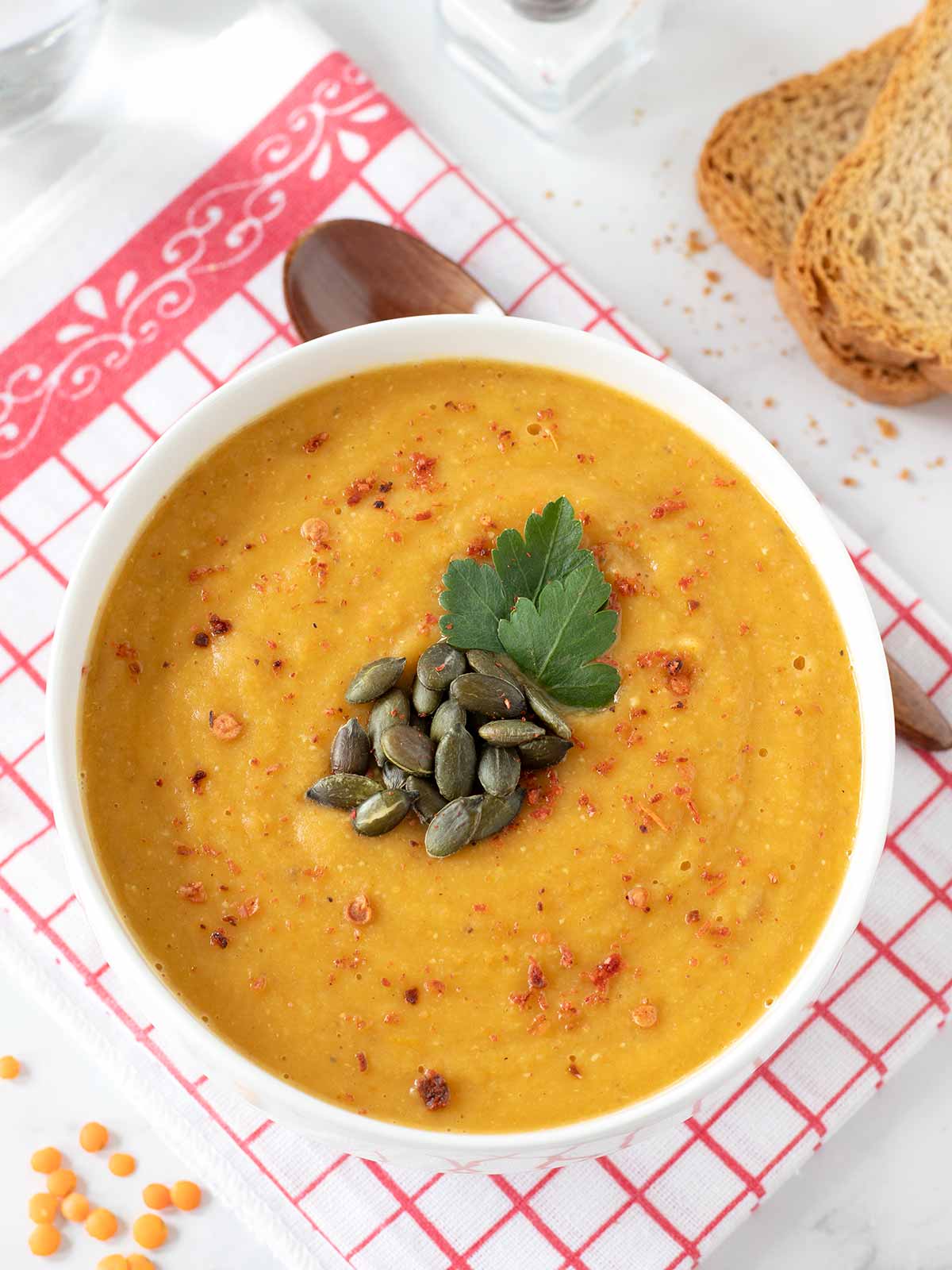 Spiced carrot lentil soup.