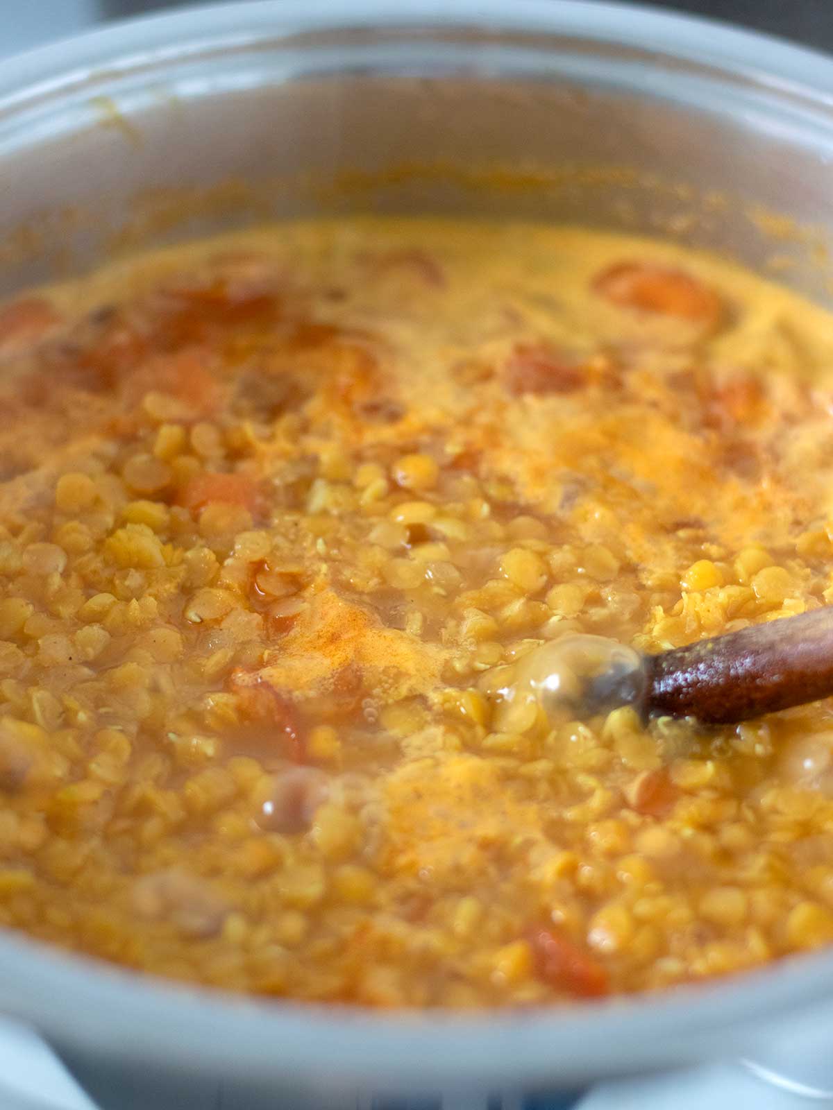 Carrot and lentil soup simmering in a pot.