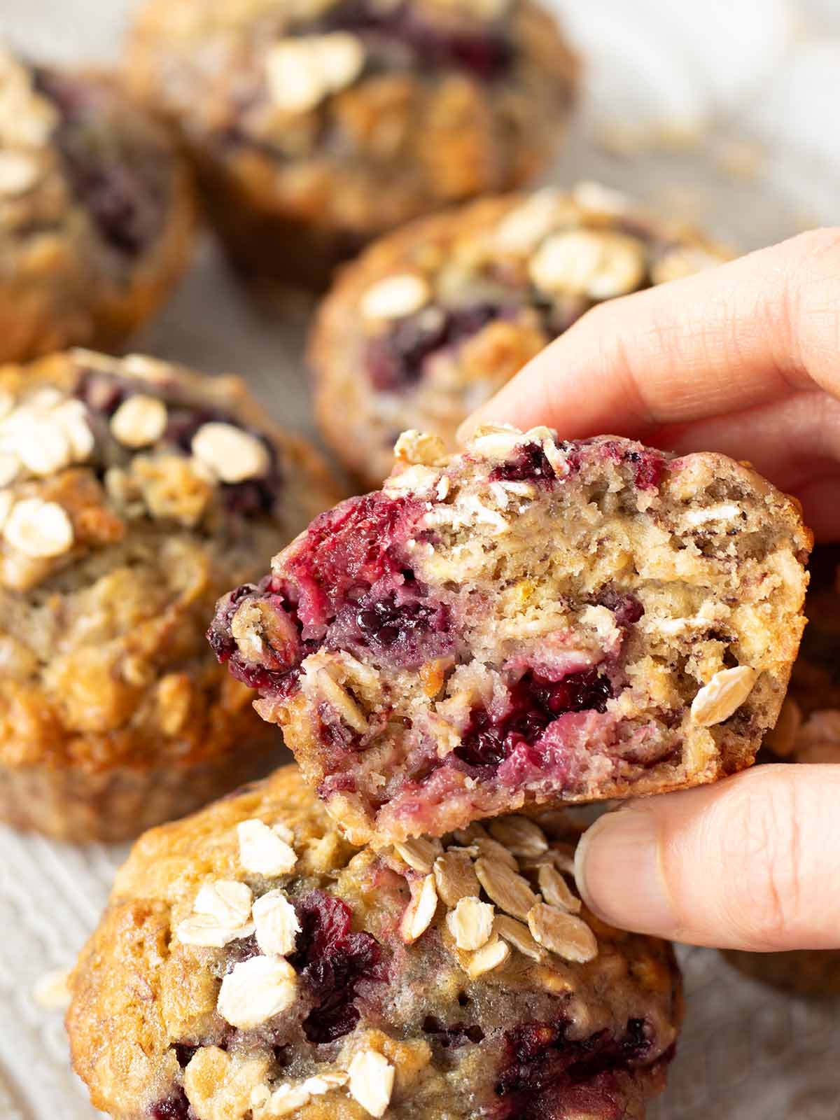 Banana and blackberry muffins with oats.