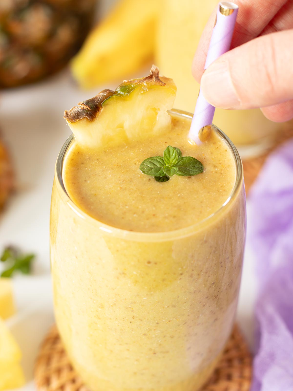 Frozen pineapple banana turmeric smoothie with almond milk and chia seeds (no yogurt).