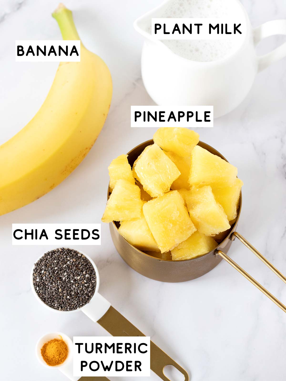 Frozen pineapple and banana smoothie ingredients.