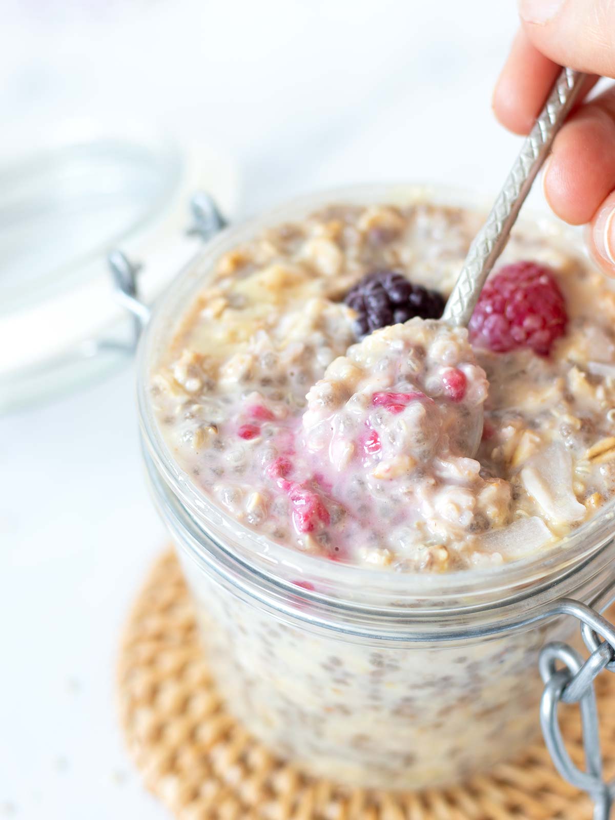 Vegan overnight quinoa oatmeal for breakfast.