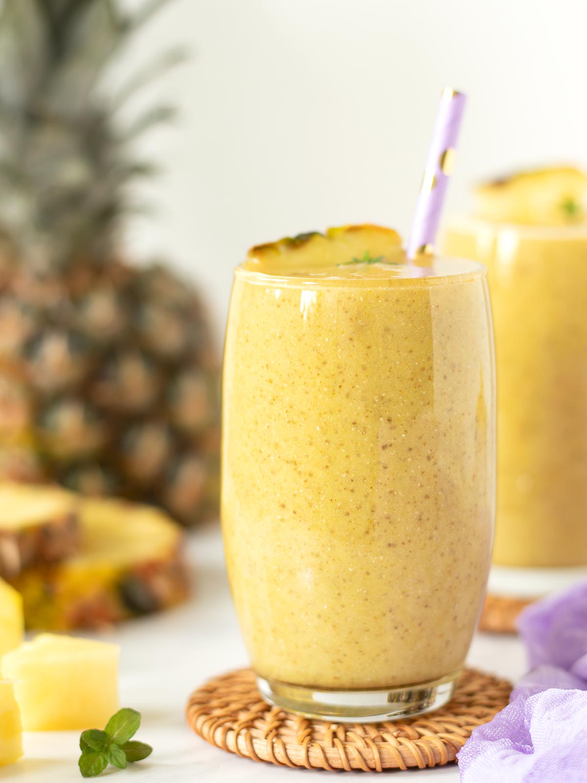 Pineapple banana shake with almond milk and turmeric.