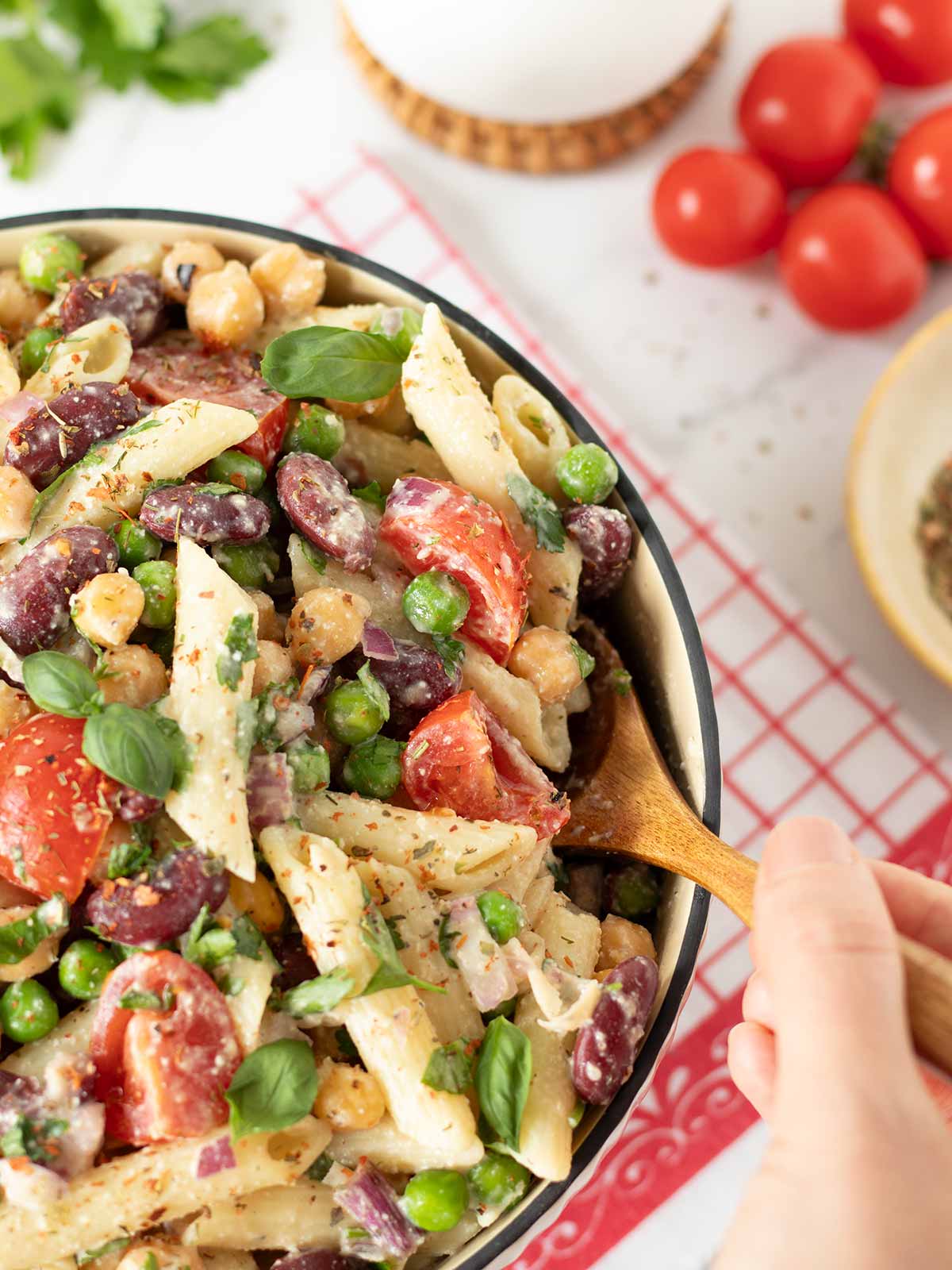 Creamy high protein vegan pasta salad.