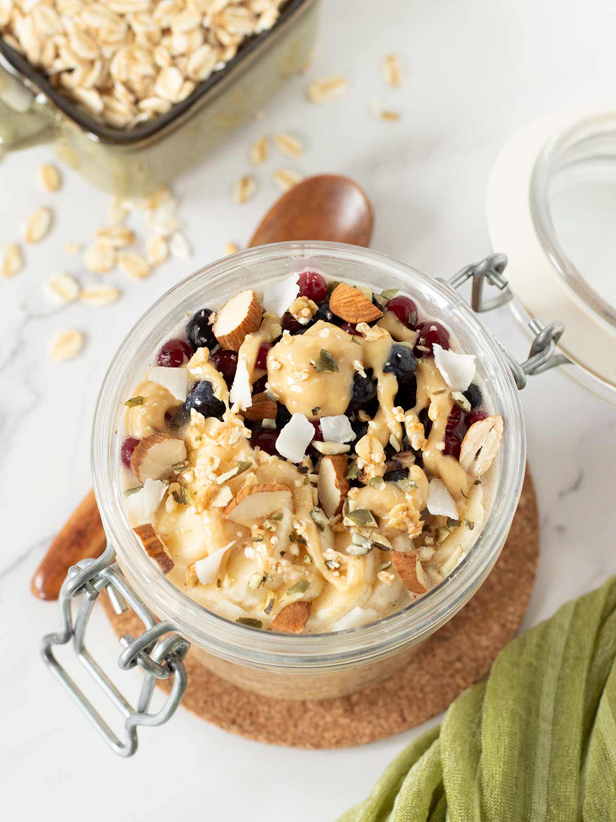 Peanut butter overnight oatmeal with healthy toppings (no chia seeds).