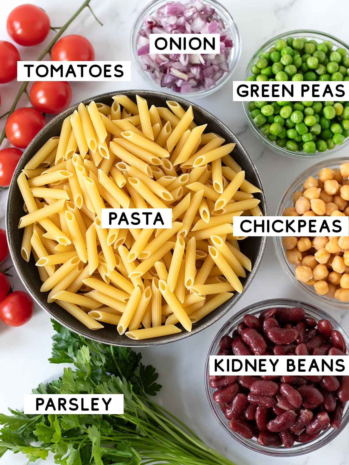 Protein plant-based ingredients for cold pasta salad.