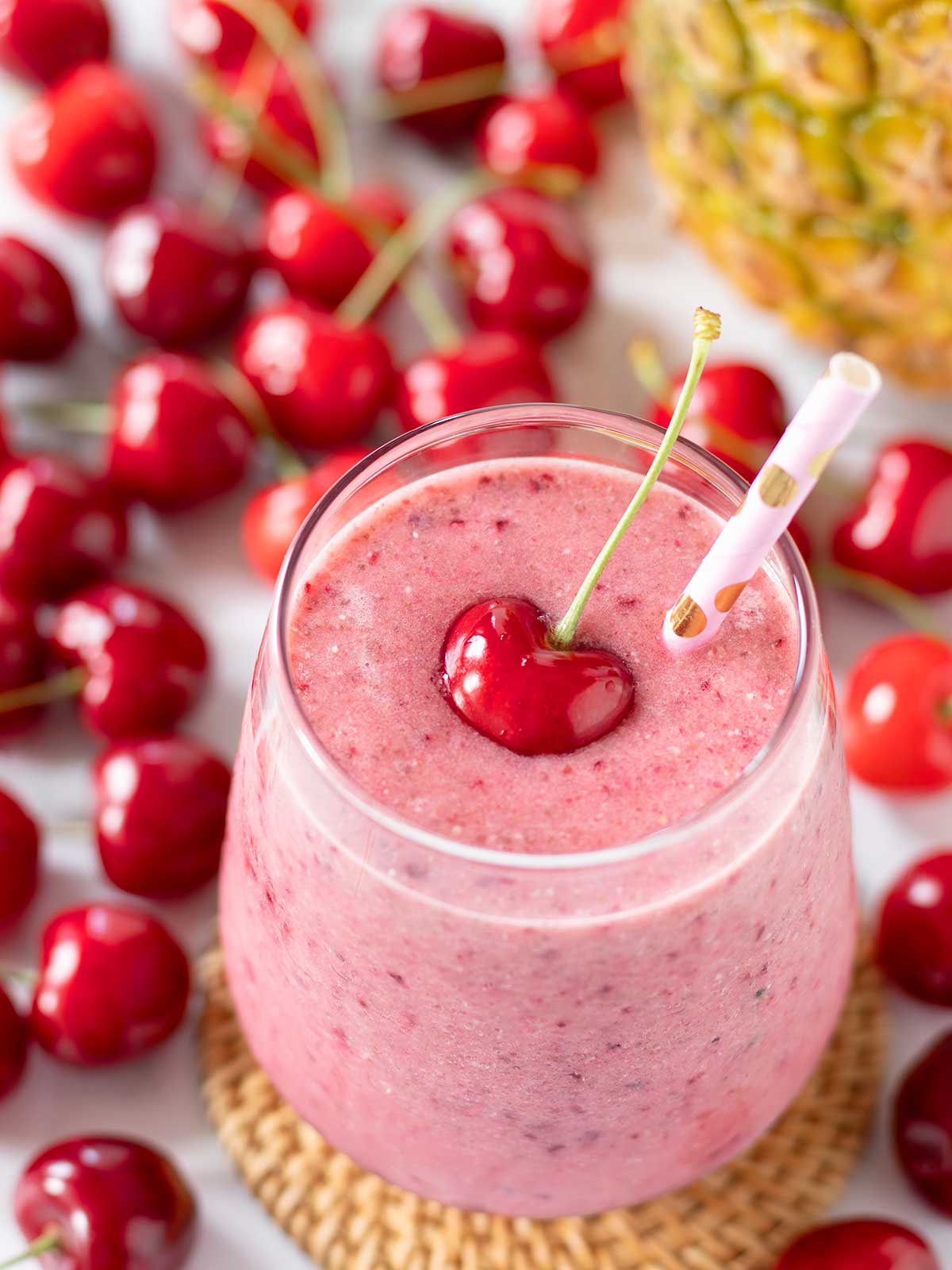 Refreshing vegan cherry pineapple chia seeds smoothie for breakfast.