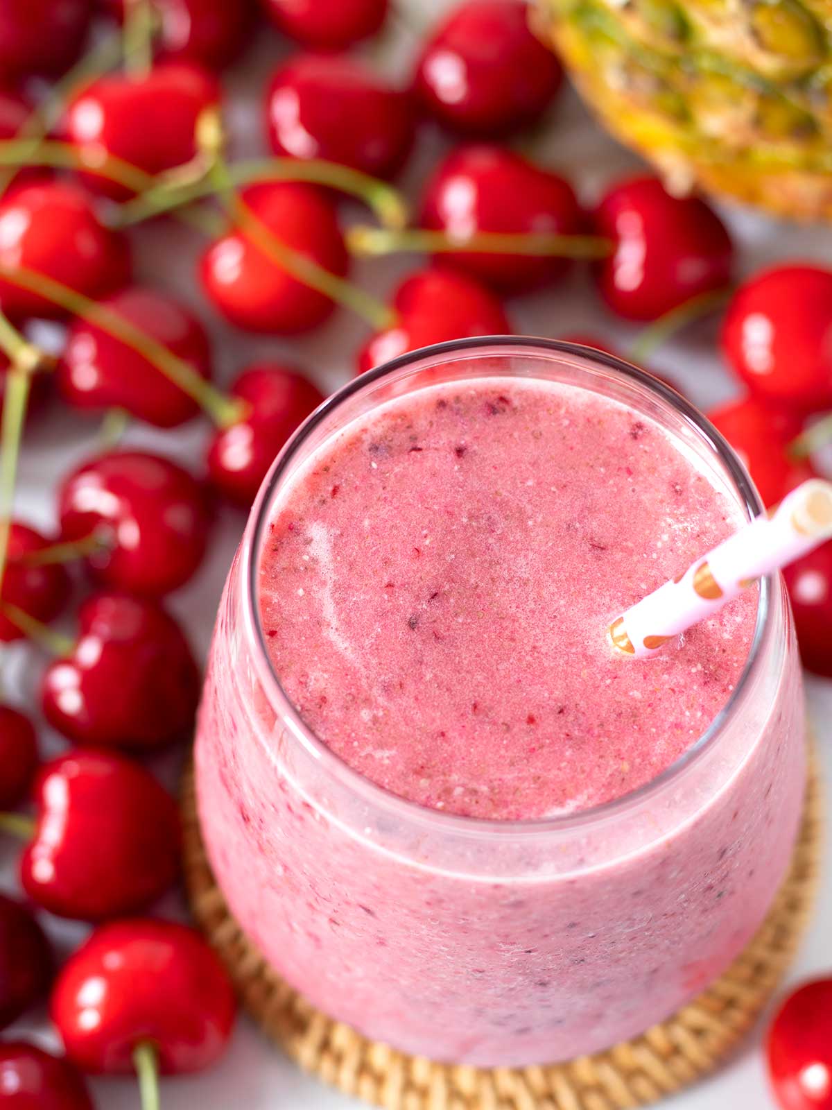 Healthy 4 ingredient cherry pineapple smoothie without yogurt or banana.