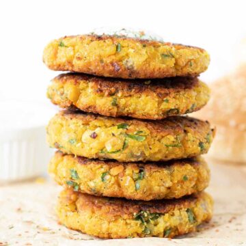 Easy chickpea patties (aka garbanzo bean vegetable fritters) for pita, burger or wrap.