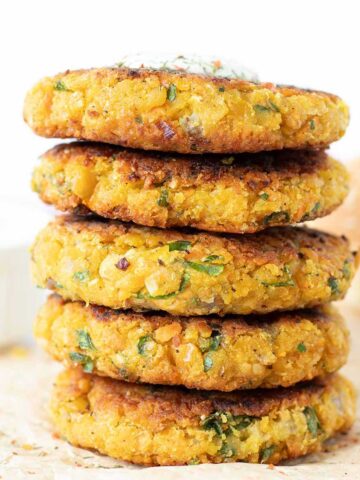 Easy chickpea patties (aka garbanzo bean vegetable fritters) for pita, burger or wrap.