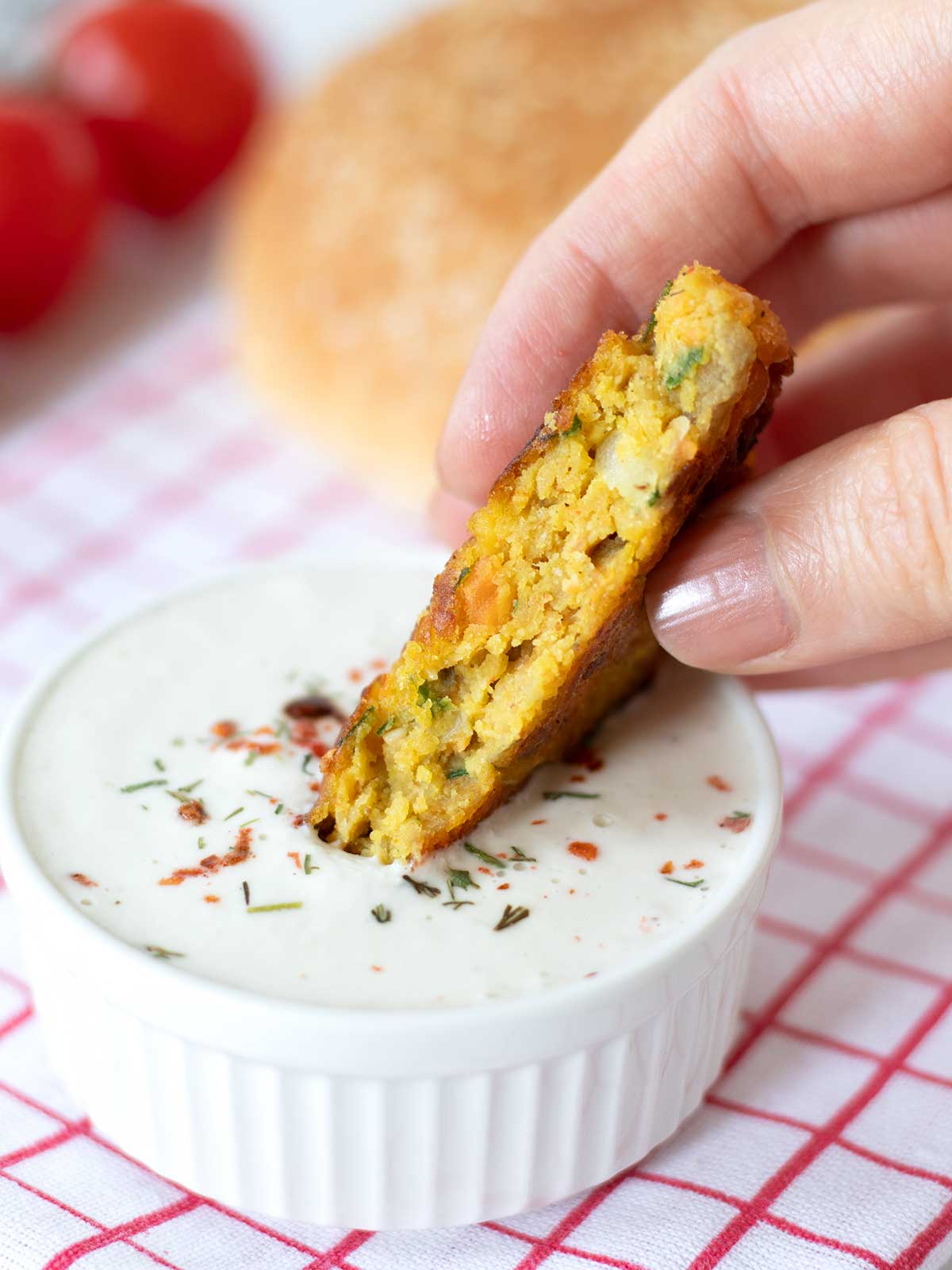 Healthy garbanzo bean fritter served with creamy dip.