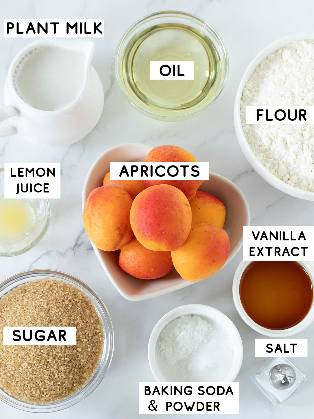 Ingredients for moist vegan apricot cake with fresh apricots.