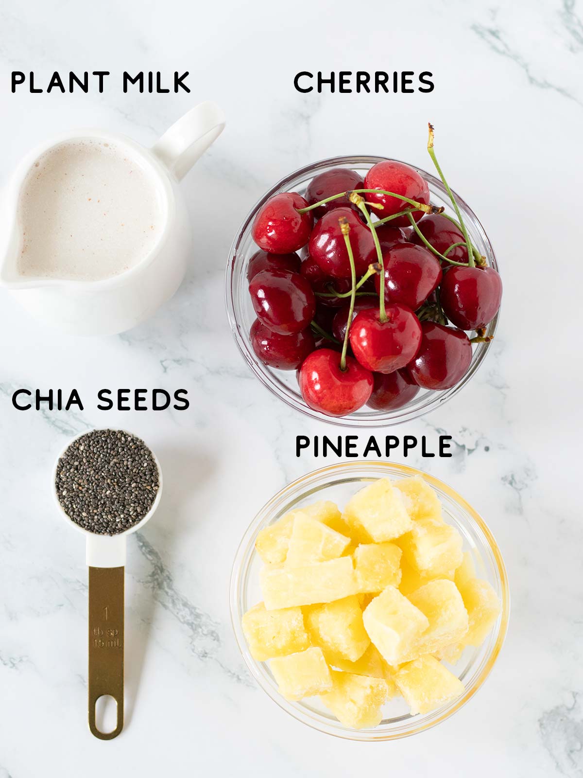 Pineapple cherry smoothie ingredients.