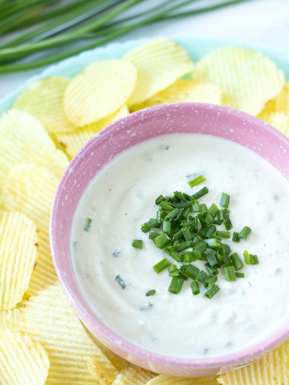 Dairy-free vegetable dip with healthy cashew sour cream and chives.