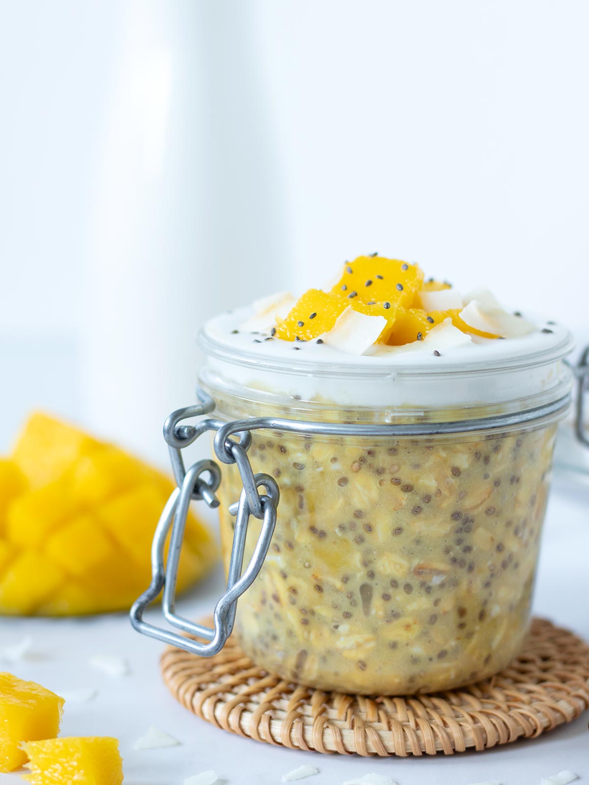 Vegan overnight oats with mango and chia seeds.