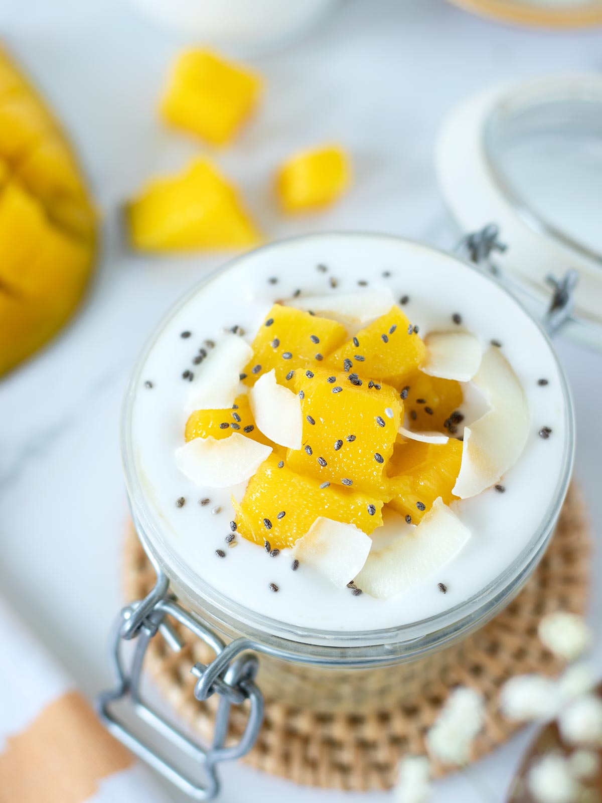Creamy overnight mango oatmeal for breakfast.