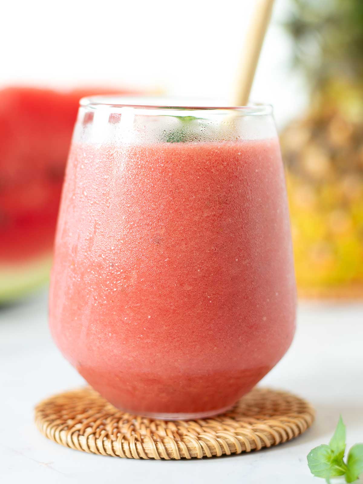 Low-calorie fruity smoothie with fresh watermelon and frozen pineapple without yogurt.