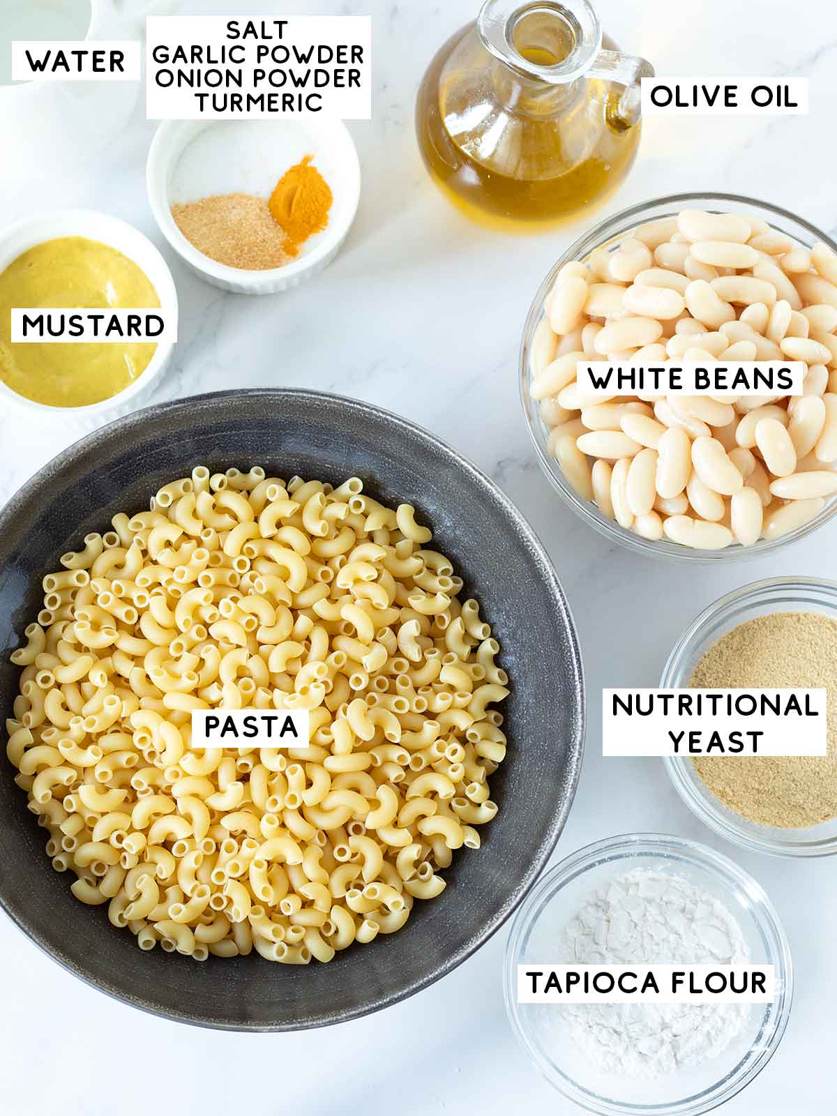 Plant-based ingredients for vegan mac and cheese without cashews.