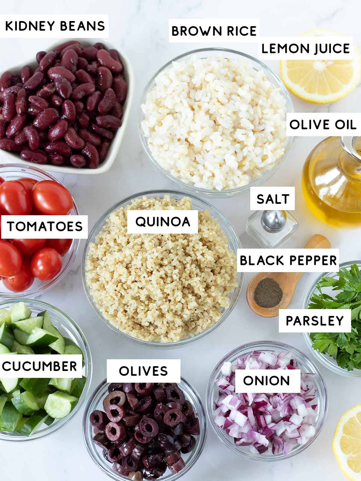 Brown rice quinoa salad ingredients.