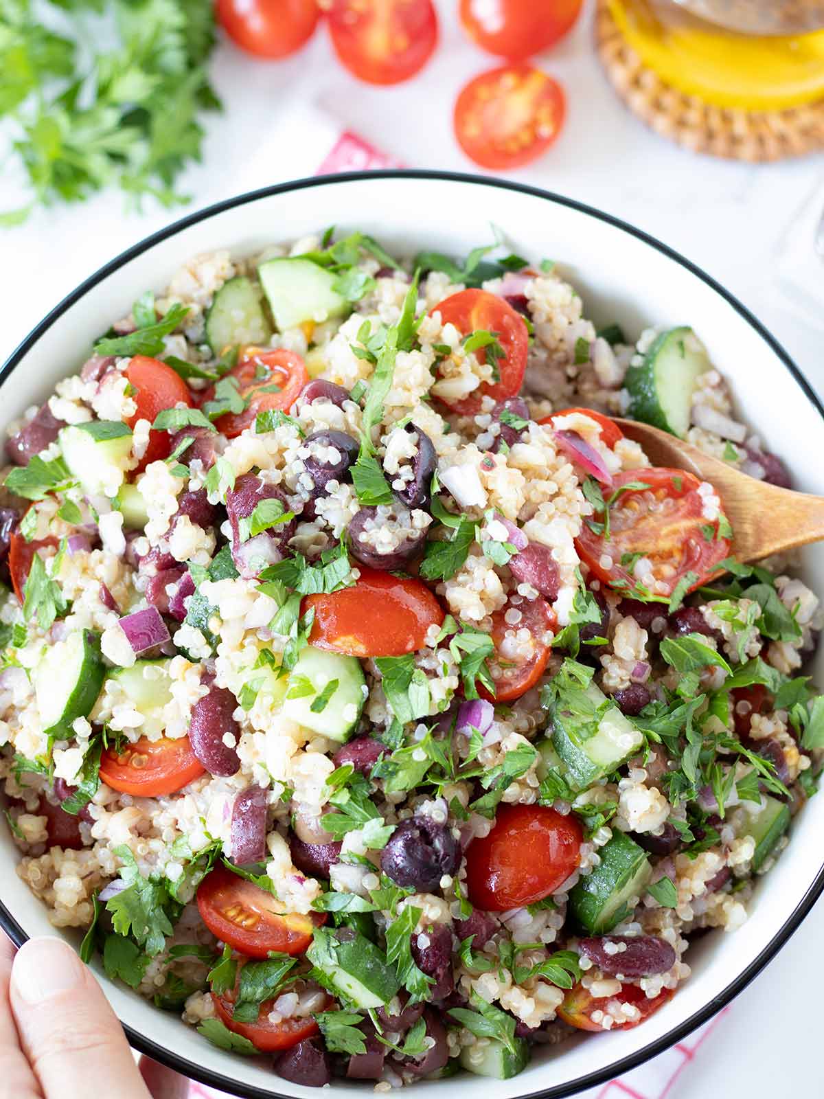 Brown rice quinoa salad with simple lemon vinaigrette.