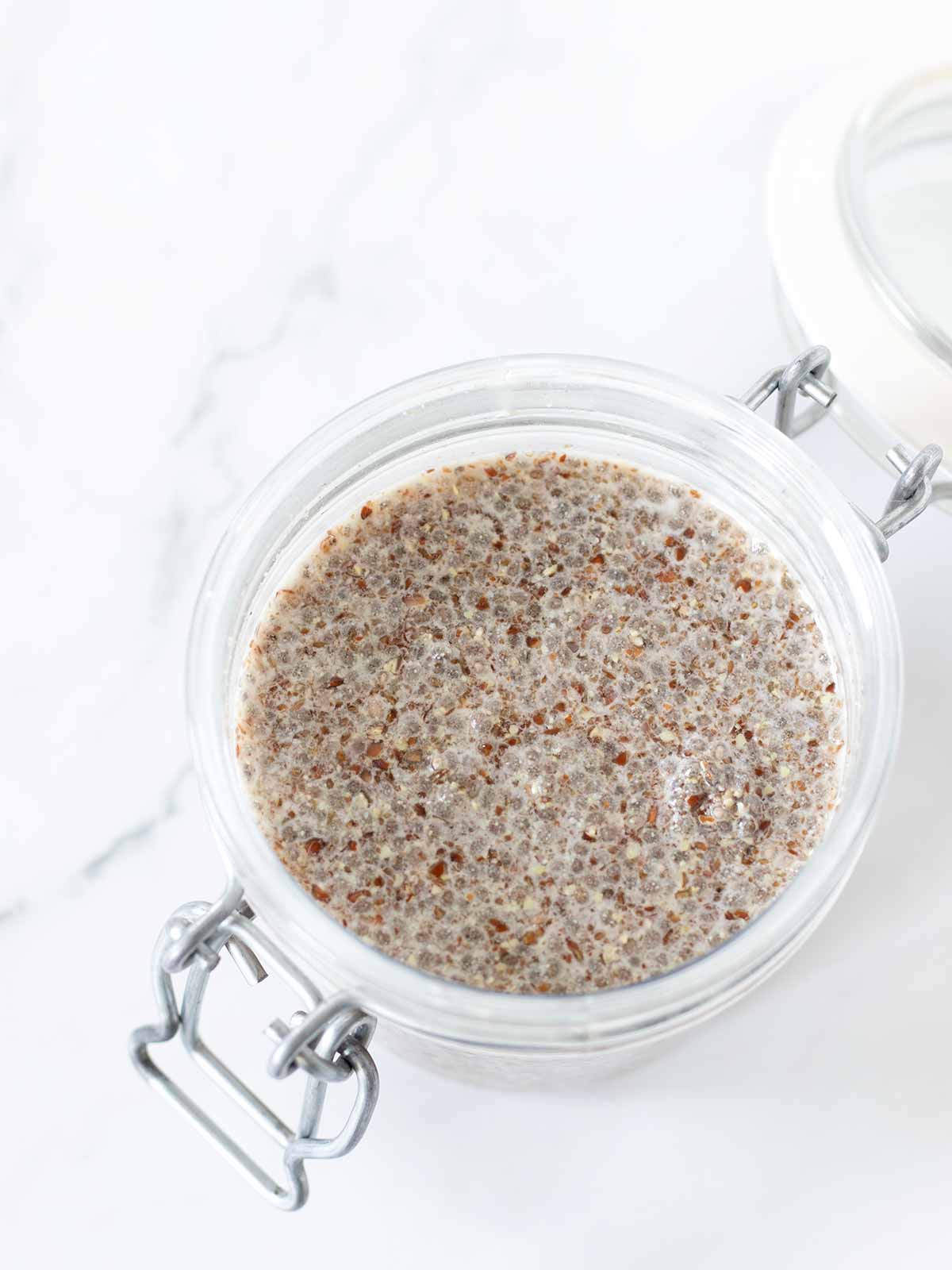 Chia and flaxseed pudding chilled overnight.