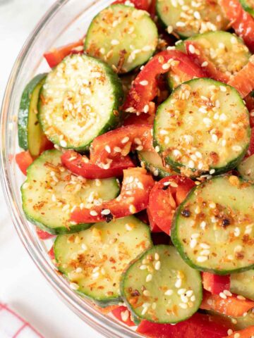Cucumber red pepper salad with homemade sesame ginger dressing.