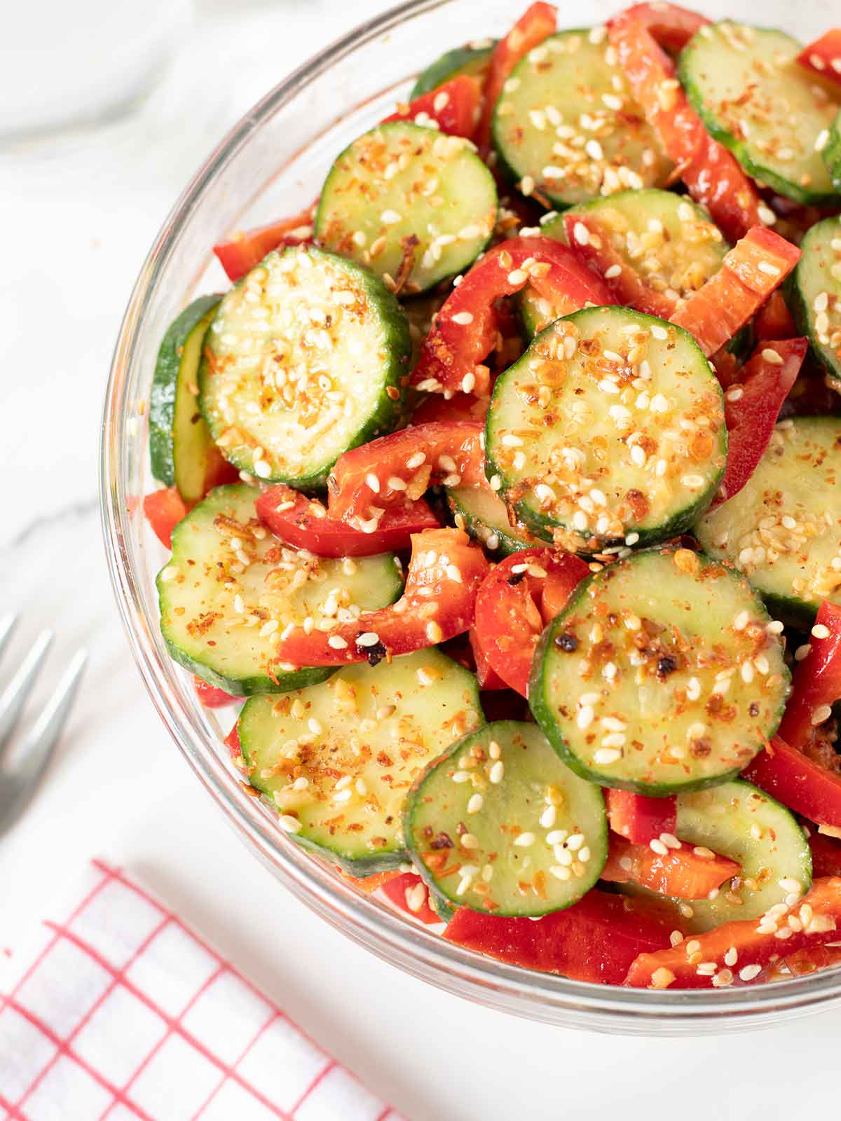 Cucumber red pepper salad with homemade sesame ginger dressing.