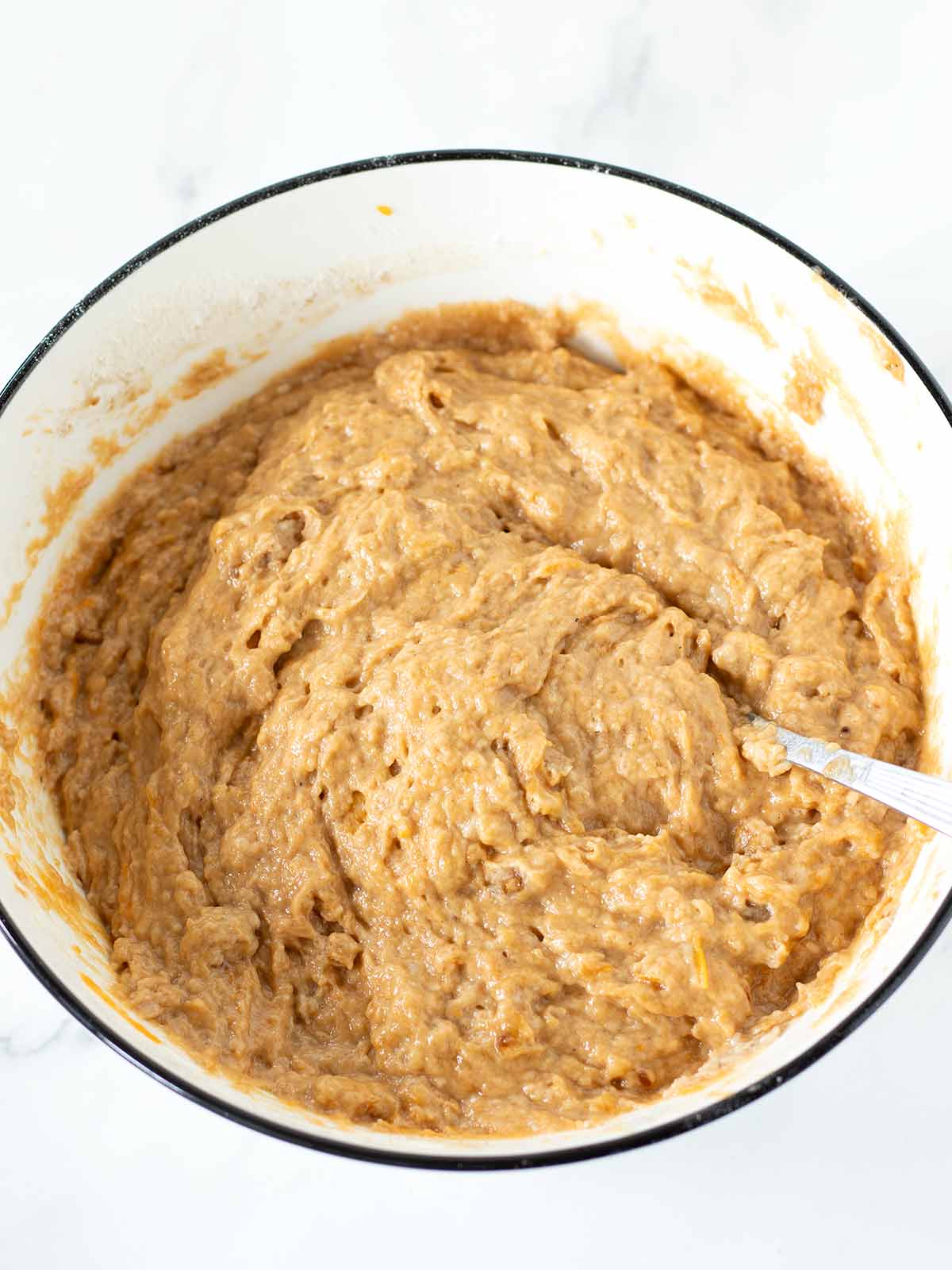 Plant-based batter for easy vegan pumpkin banana bread.