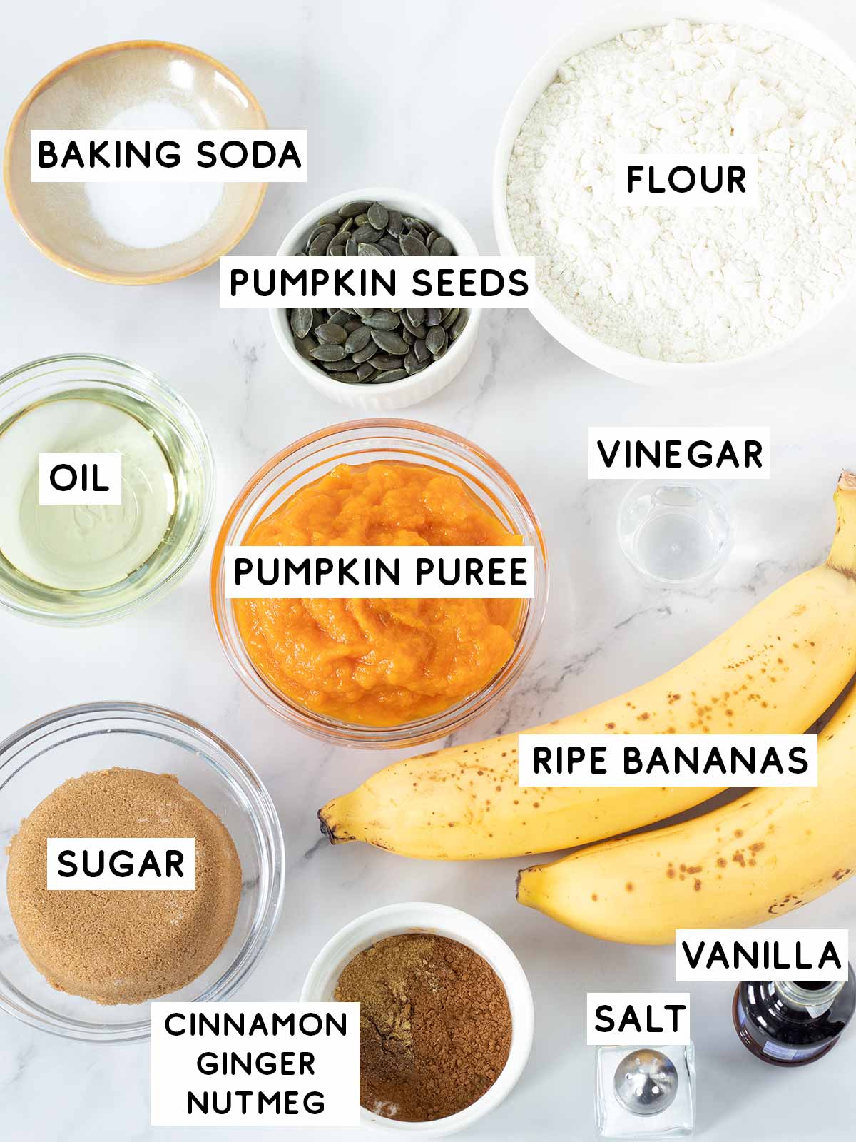 Vegan pumpkin banana bread ingredients.