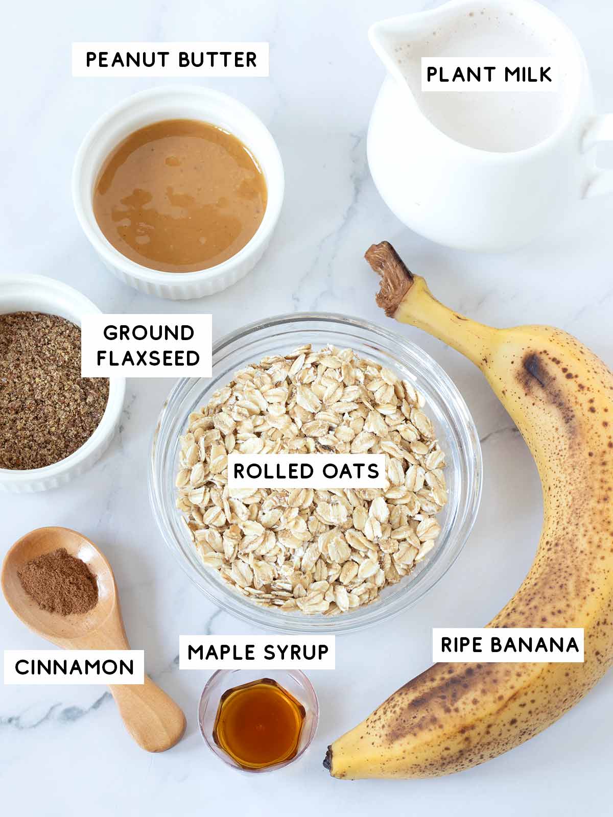 Banana and cinnamon overnight oats recipe ingredients.