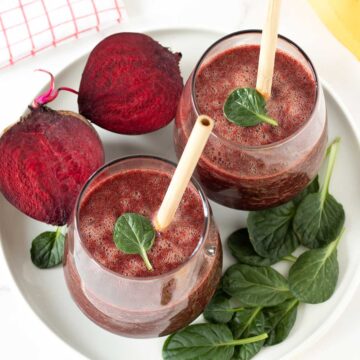 Raw red beet spinach smoothie with banana and ginger.