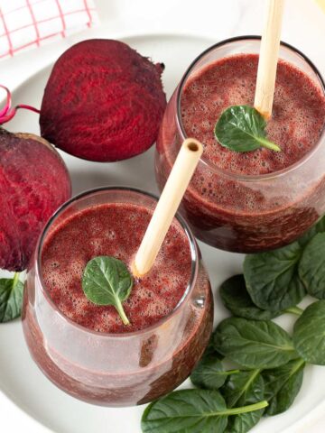 Raw red beet spinach smoothie with banana and ginger.