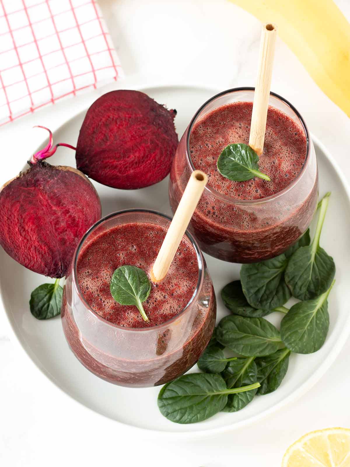 Raw red beet spinach smoothie with banana and ginger.