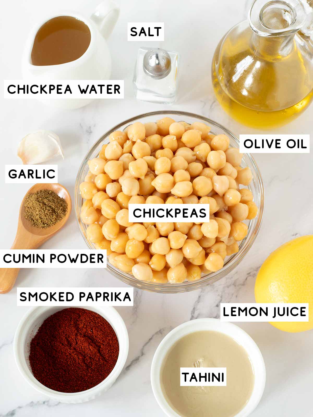 Plant-based ingredients for vegan smoked paprika hummus recipe.