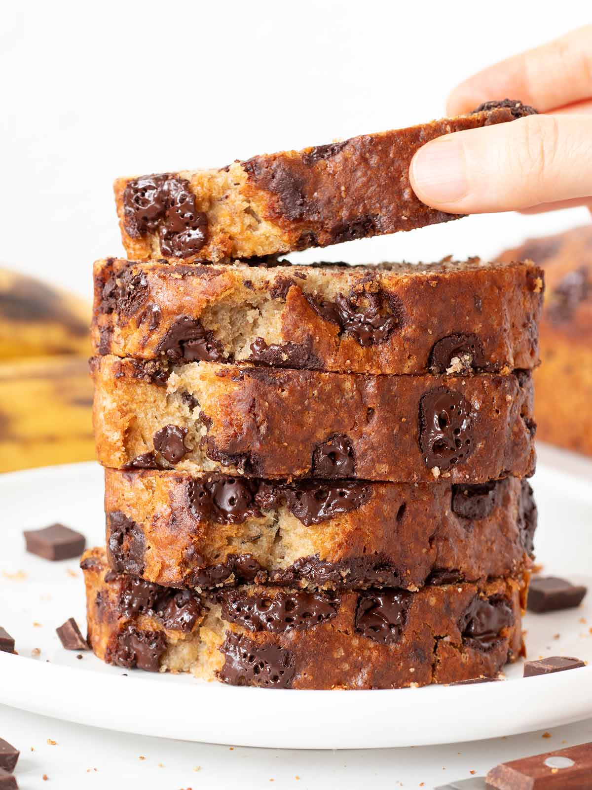 Vegan chocolate chunk banana bread without baking soda.