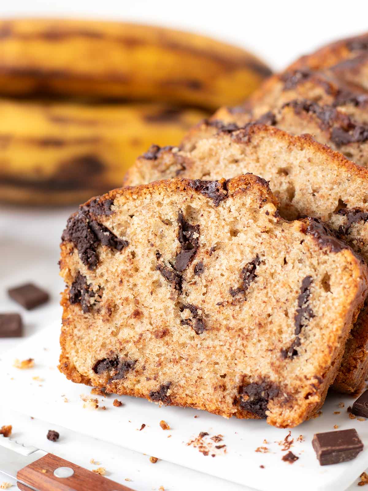 Moist chocolate chunk banana bread (no baking soda).